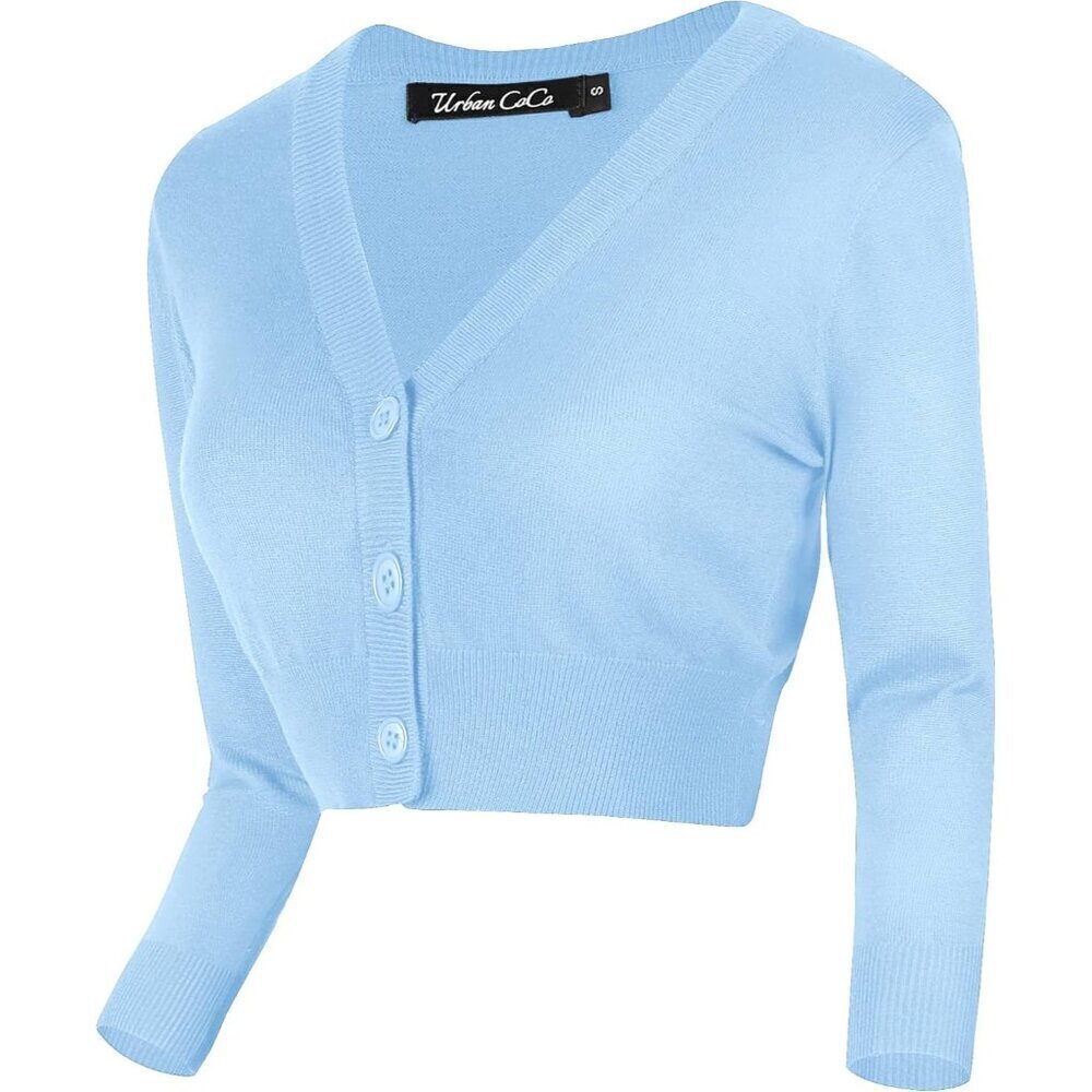 ❤️Women's Blue Cropped  Cardigan V-Neck Button Down Knitted Sweater Sleeve